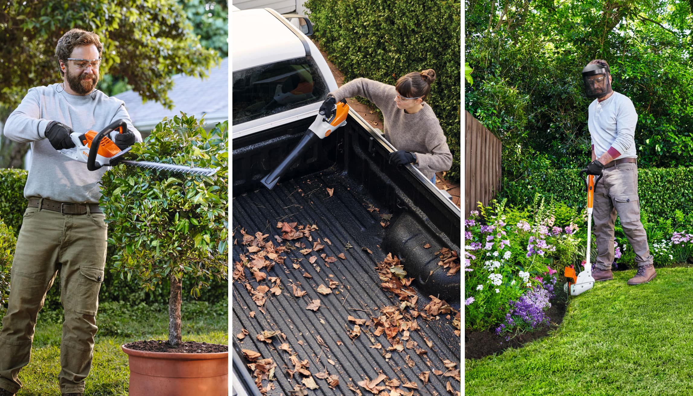 Máquinas STIHL no sistema AS, podadora de sebes a bateria HSA 40, aspirador manual a bateria SEA 20, motorroçadora a bateria FSA 30
