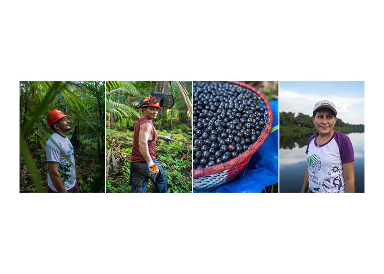 Dois homens com a floresta ao fundo, uma tigela de açai, uma mulher sorrindo com um rio no fundo
