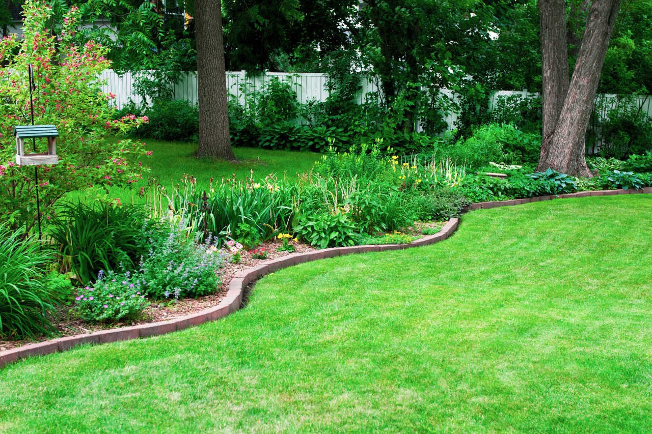 Canteiro de jardim com borda de bricolage feita de pedras num gramado verde
