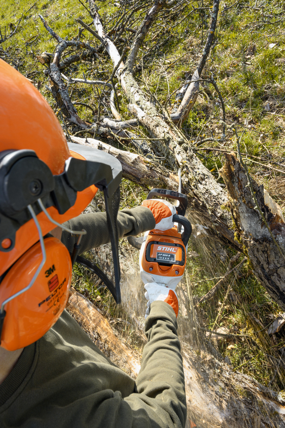Uma motosserra a bateria STIHL MSA 220 C-B é utilizada para eliminar ramos de um tronco de árvore