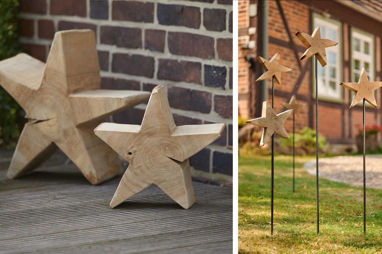 Colagem: Estrelas de bricolage em madeira em frente de uma parede de tijolo e estrelas num pau diante de uma casa