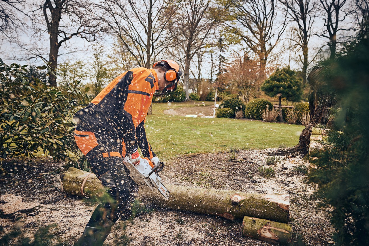Um homem com equipamento de proteção serra um tronco num espaço verde com uma motosserra a bateria da STIHL